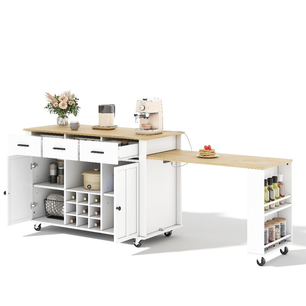 KÜCHENINSEL mit ausziehbarer Arbeitsplatte, Steckdose, Weinregal, Weiß-Eiche, 136/50/93 cm - Naturfarben, Kunststoff (50/93/136cm) - Rolipo