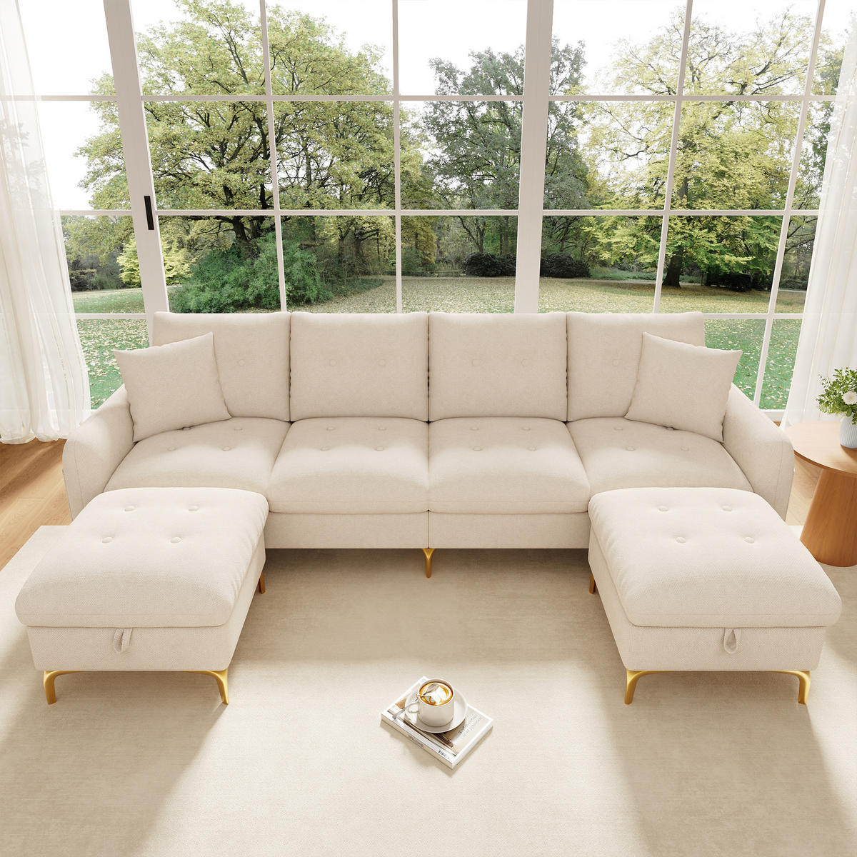 WOHNLANDSCHAFT U-Form 4-Sitzer mit 2 Stauraumhockern, DE-42504, Beige - Beige, Holzwerkstoff (263/85/137cm) - ComfortXL