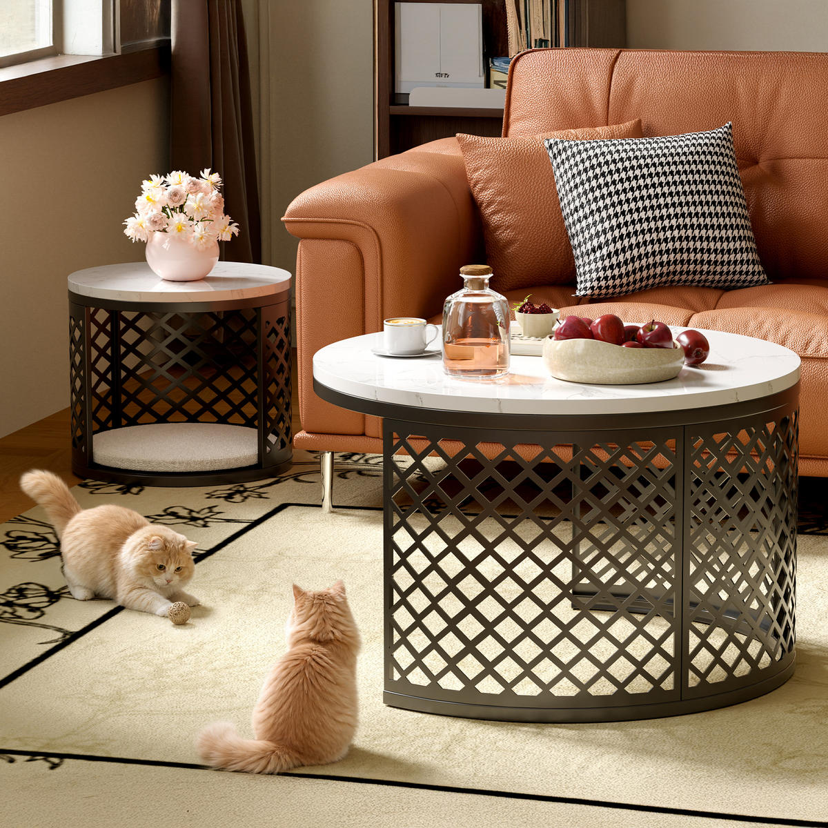 COUCHTISCH Wohnzimmertisch für couch Sofatisch mit Haustierbereich und Haustiermatte, mit Marmorstruktur, bis 400 °C - Schwarz, Holzwerkstoff/Metall (70/70/45cm) - STILVORA