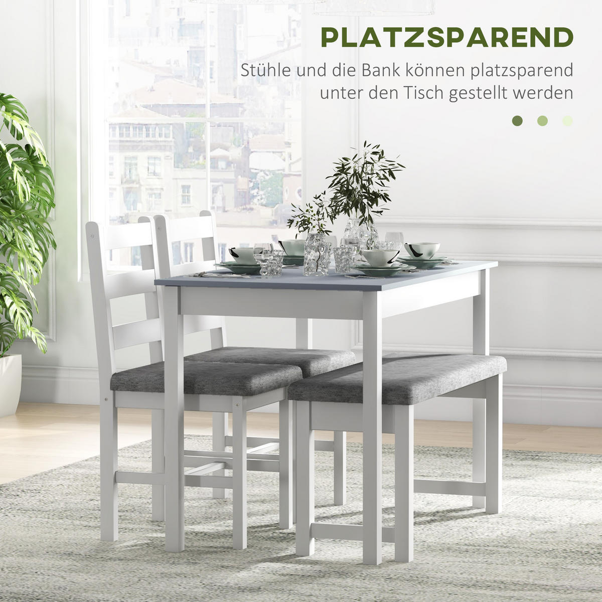 ESSGRUPPE, Esstisch mit 2 Gepolsterten Stühlen, Bank, 4-Teiliges Esstisch-Set - Grau, Holz (65/75/108cm) - HOMCOM