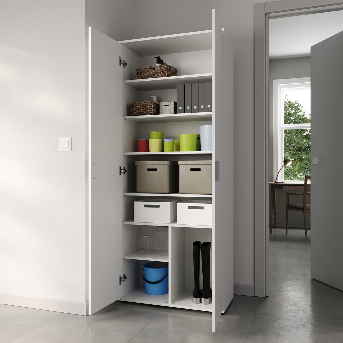 MEHRZWECKSCHRANK mit 2 Türen & 6 Einlegeböden in weiß - Weiß, Holzwerkstoff (35/184/75cm) - Home Collective