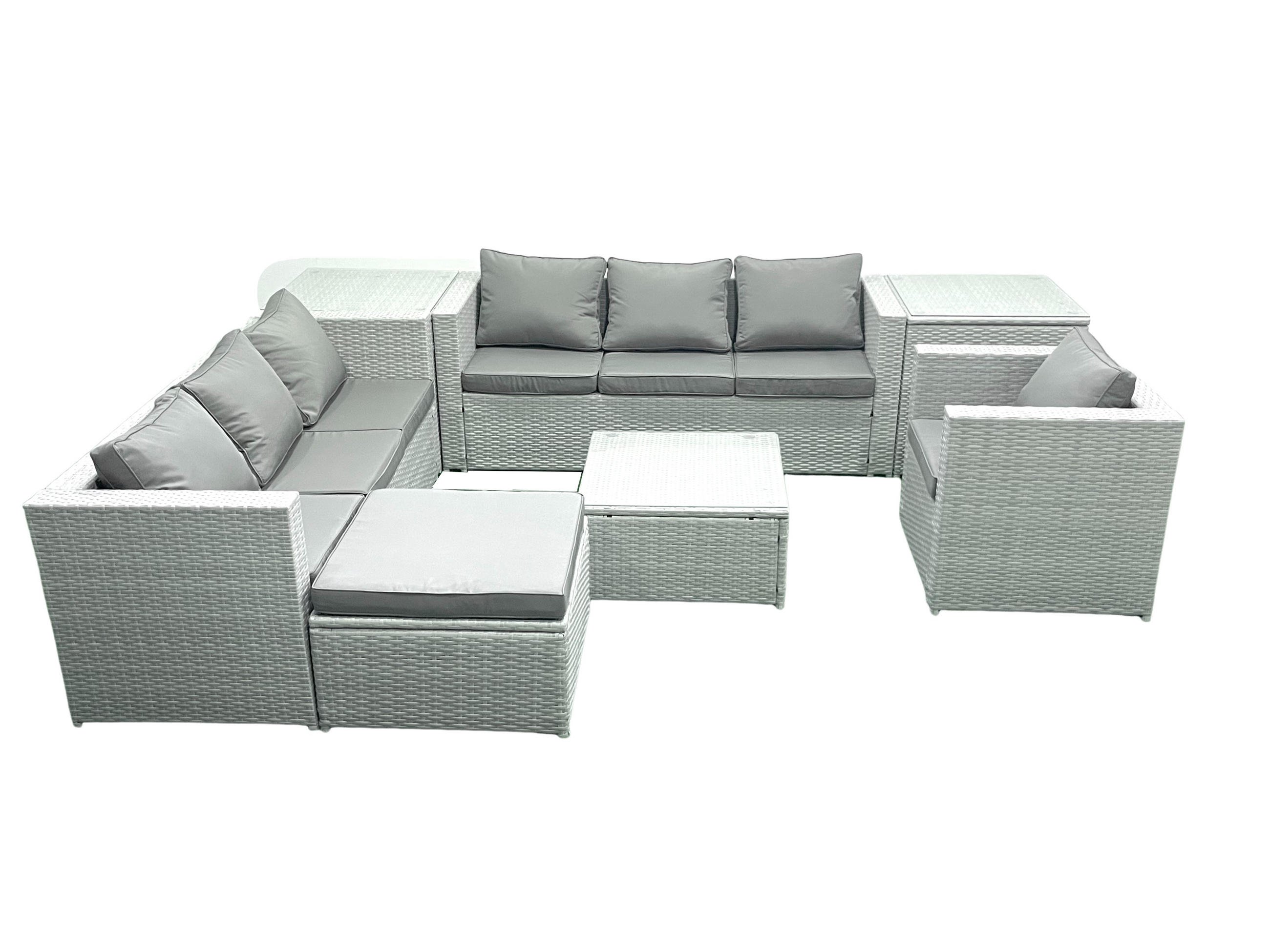 GARTENMÖBEL-SET mit Kissen Polyrattan Hellgrau-Mix 8-Sitzer - Hellgrau/Grau, Glas/Kunststoff - Fimous