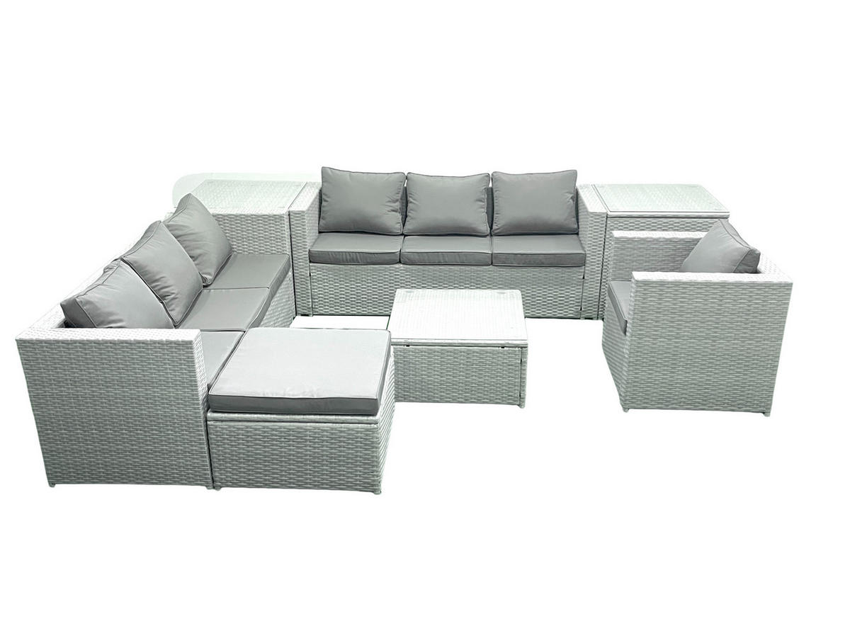 GARTENMÖBEL-SET mit Kissen Polyrattan Hellgrau-Mix 8-Sitzer - Hellgrau/Grau, Glas/Kunststoff - Fimous