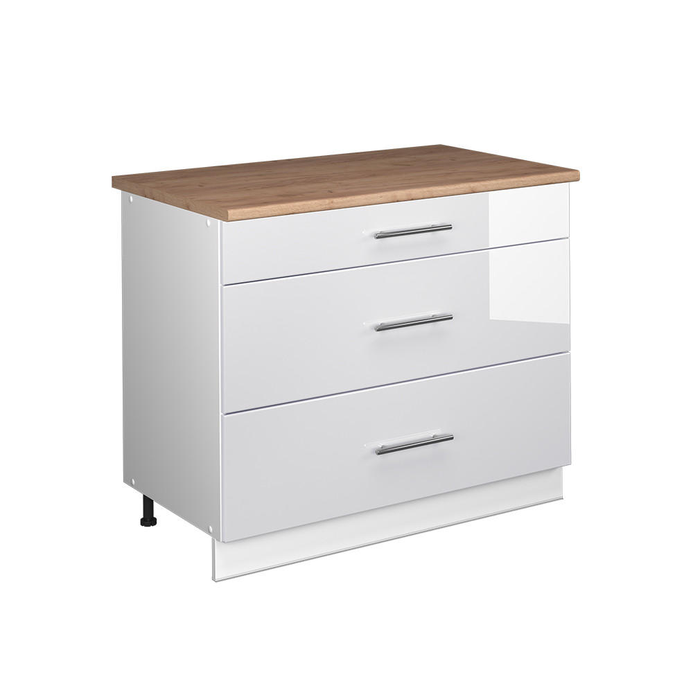 KÜCHENUNTERSCHRANK Fame-Line, Weiß Hochglanz/Weiß, 100 cm, AP Eiche - Weiß Hochglanz/Weiß, Holzwerkstoff (100/82/60cm) - Vicco
