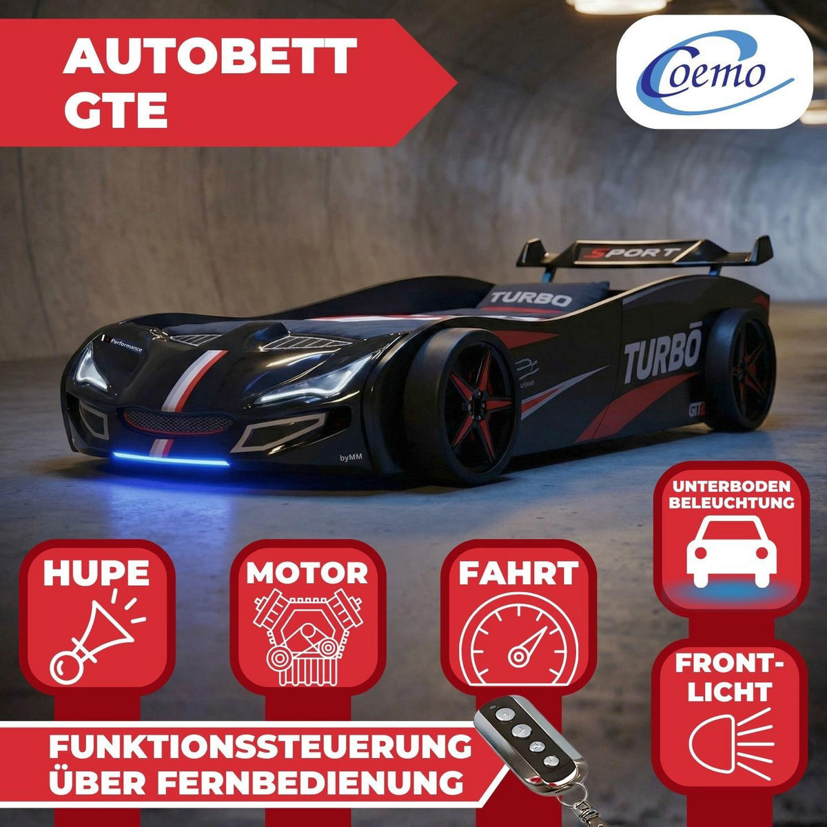 AUTOBETT GTE mit Rollrost, Licht und Sound Farbe Schwarz - Schwarz, Holzwerkstoff (90/200cm) - Coemo