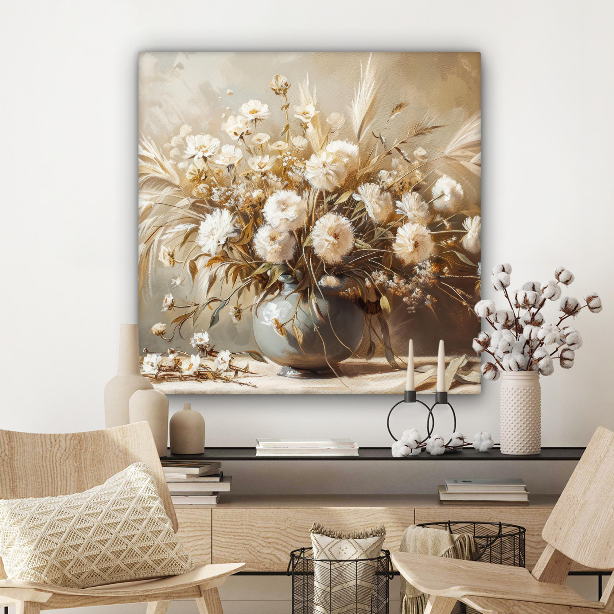 LEINWANDBILD Blumen - Vase - Stilleben - Beige 90x90 cm - Creme, Textil (90/90cm) - MuchoWow