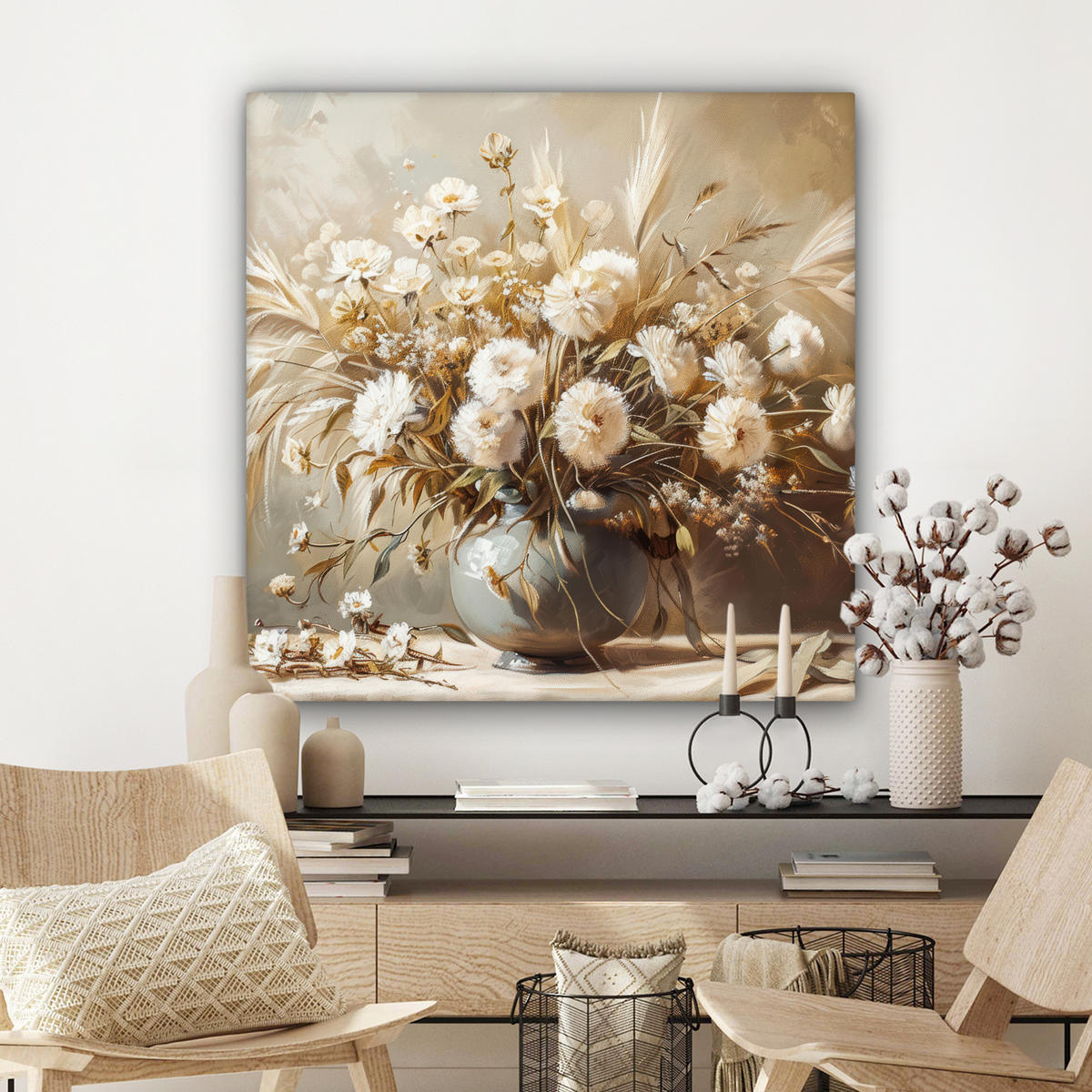 LEINWANDBILD Blumen - Vase - Stilleben - Beige 90x90 cm - Creme, Textil (90/90cm) - MuchoWow