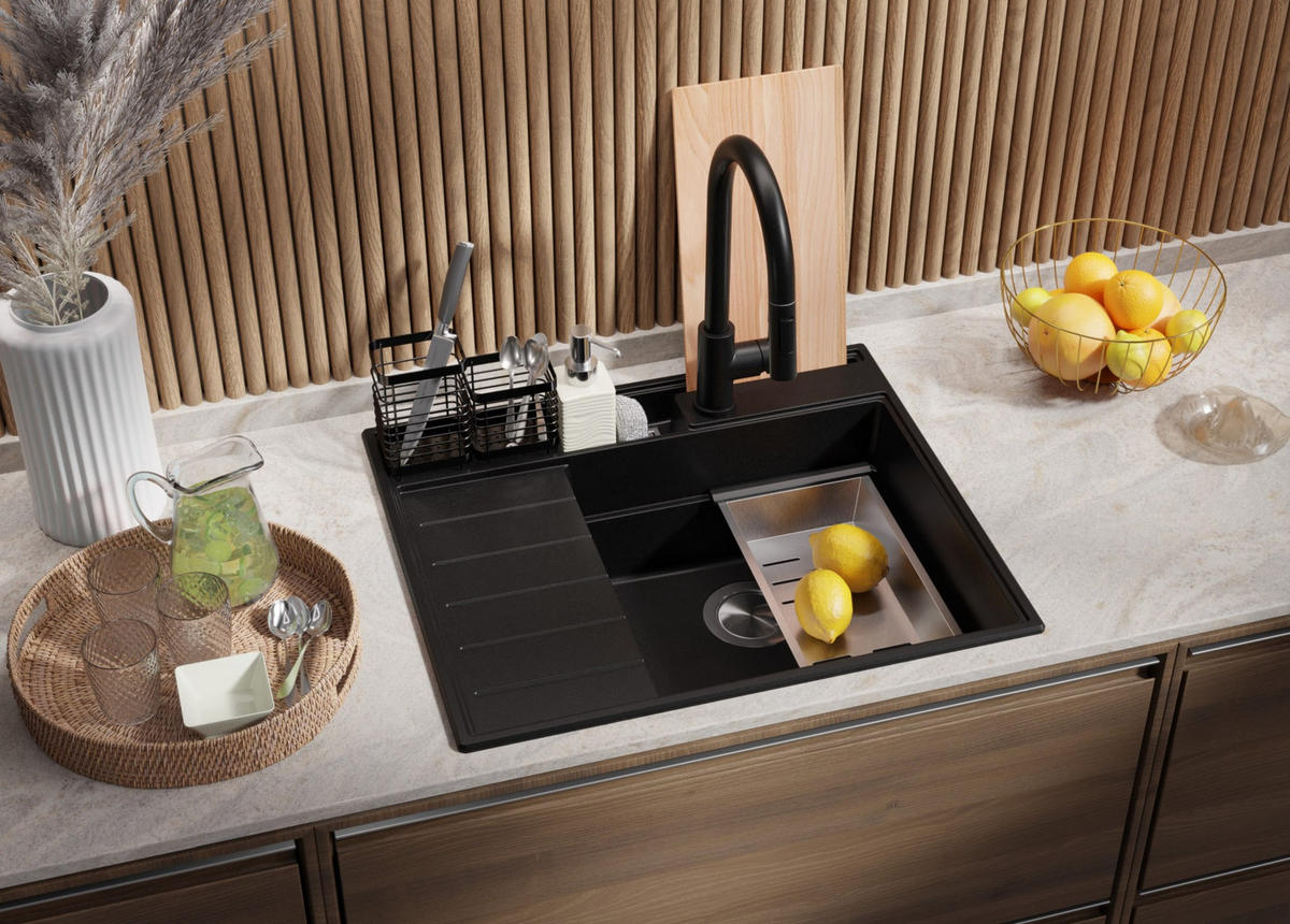 GRANITSPÜLE Sydney Pocket, 2-er set Schwarz 62/53 cm 1 Becken + Küchenarmatur 32/20 cm + Ablauf-Set + Küchenzubehörset ab 45er Unterschrank - Chromfarben/Beige, Kunststoff (62/20/53cm) - Primagran