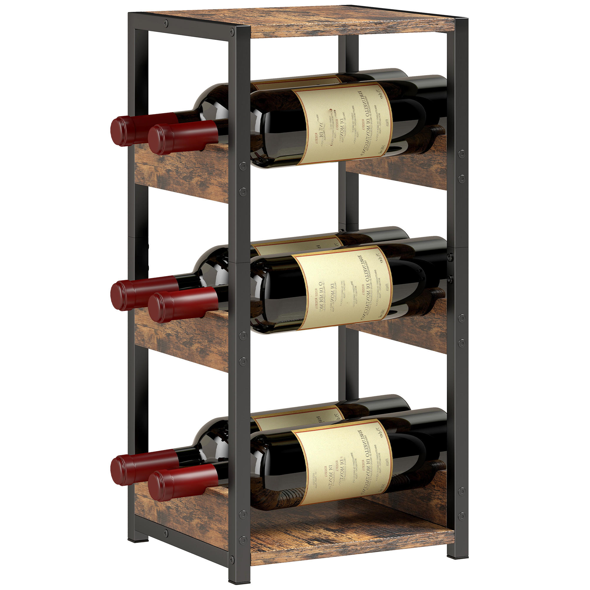 WEINREGAL, 6 Flaschen, gewellte Ablagen, rustikal braun, 22x24x49,2cm - Multicolor, Metall (24/49.2/22cm) - FORIOUS