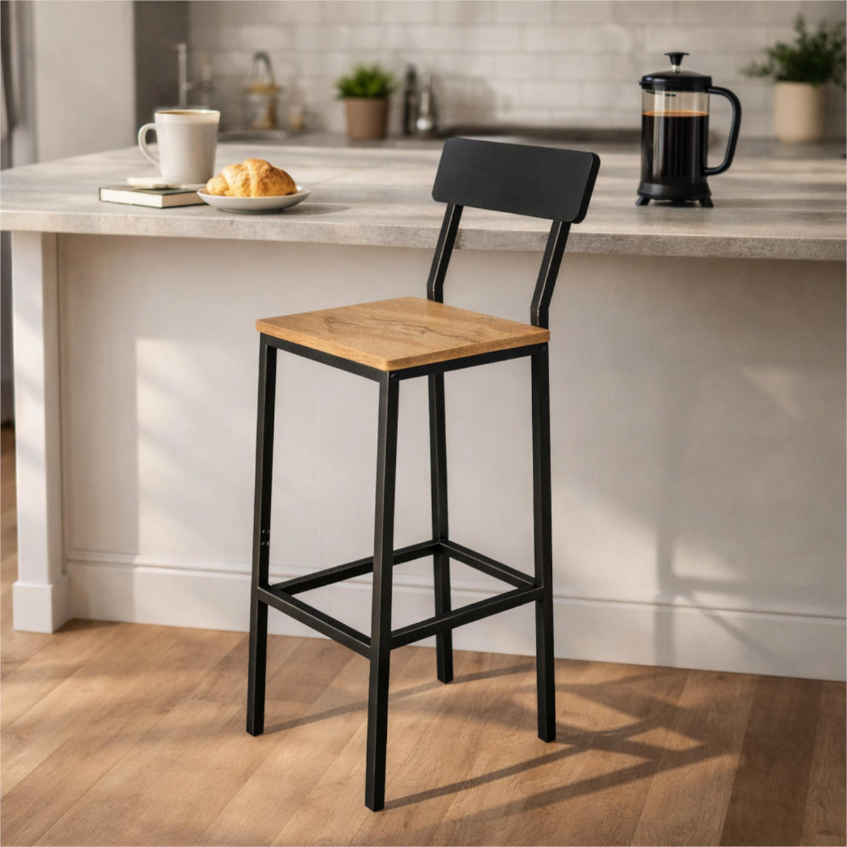 BARHOCKER Holzoptik Metall Eichefarben Schwarz mit Rückenlehne 90x30x40 cm - Eichefarben/Schwarz, Holzwerkstoff/Metall (30/90/40cm) - Begryf