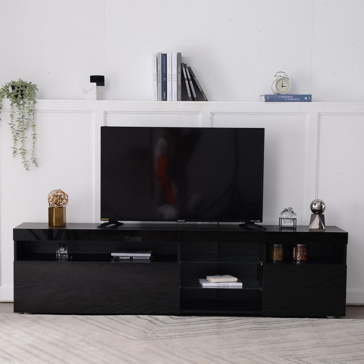TV-SCHRANK in Schwarz Hochglanz mit LED Beleuchtung und Türen 180/35/48 cm - Schwarz, Holzwerkstoff (180/48/35cm) - Redom