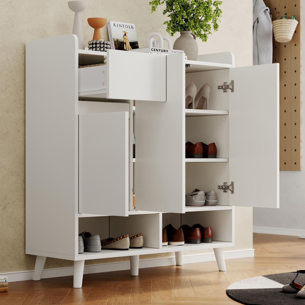 SCHUHSCHRANK aus Spanplatte 90x35x99cm in Weiß mit Massivholzbeinen - Weiß, Holzwerkstoff (90/99/35cm) - Modfu