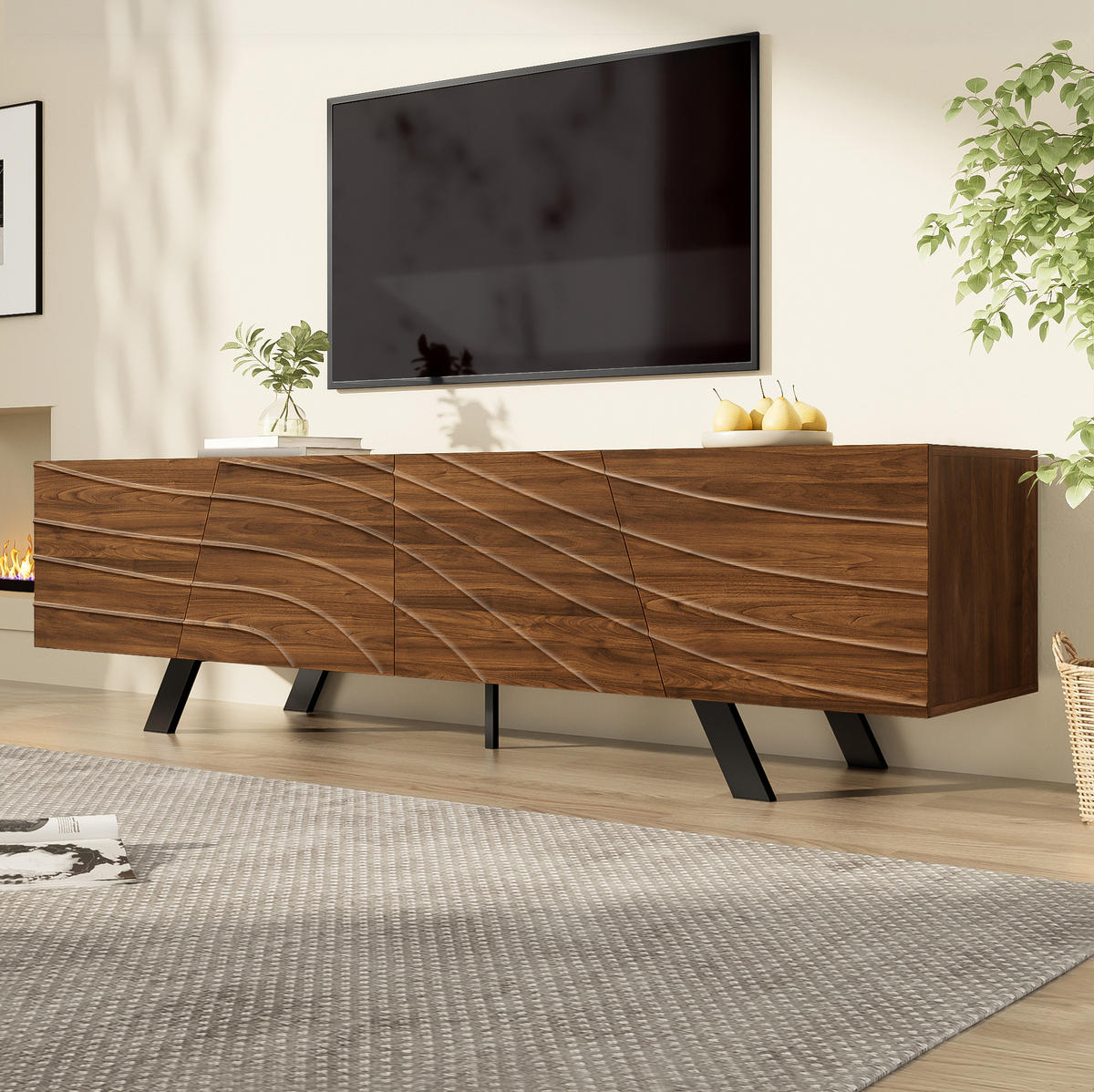 TV-LOWBOARD aus MDF 160x39x50,5 cm Walnussholzfarbe mit Wellenfront, Kabelmanagement und Stauraum - Walnussfarben, Holzwerkstoff (160/50.5/39cm) - IVMEU