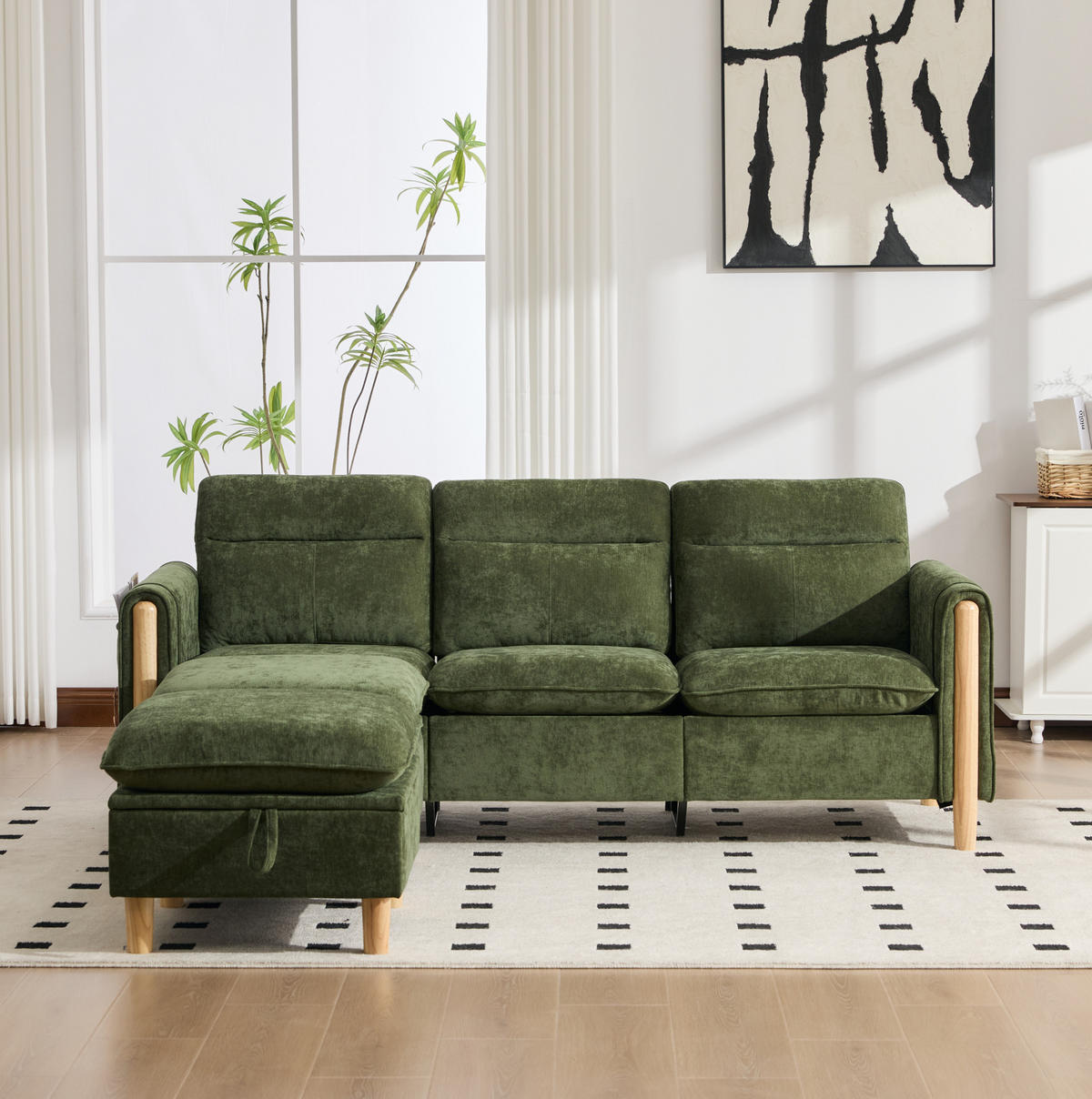 SOFA 201/77/86 cm, 3-sitzig, aus Chenille mit Stauraumhocker - Grün, Textil (77/86/201cm) - Flora Grace