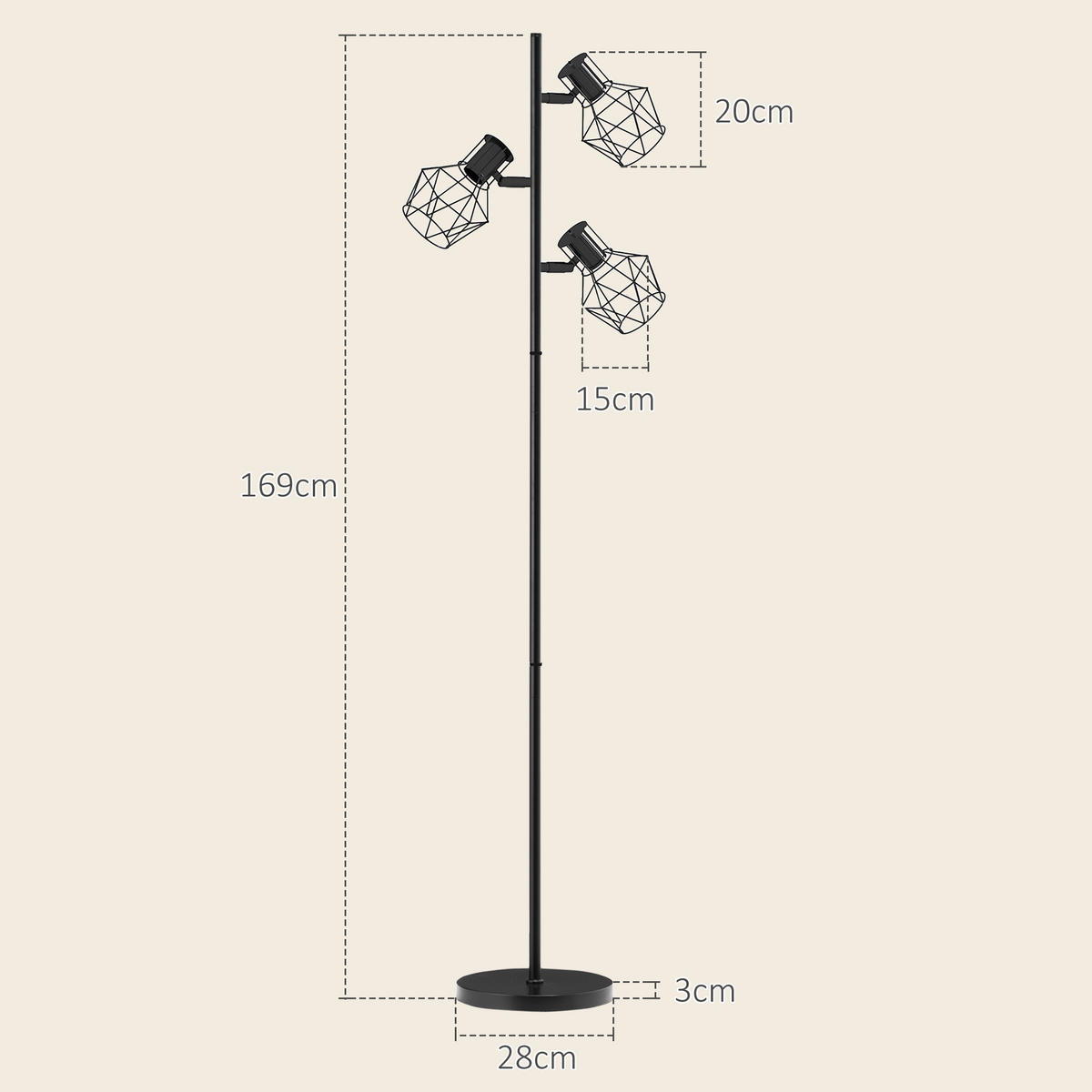 STEHLEUCHTE, Stehlampe mit 3 E27 Fassungen, 3 Flammen für Wohnzimmer, Schwarz - Schwarz, Metall (41/28/169cm) - HOMCOM