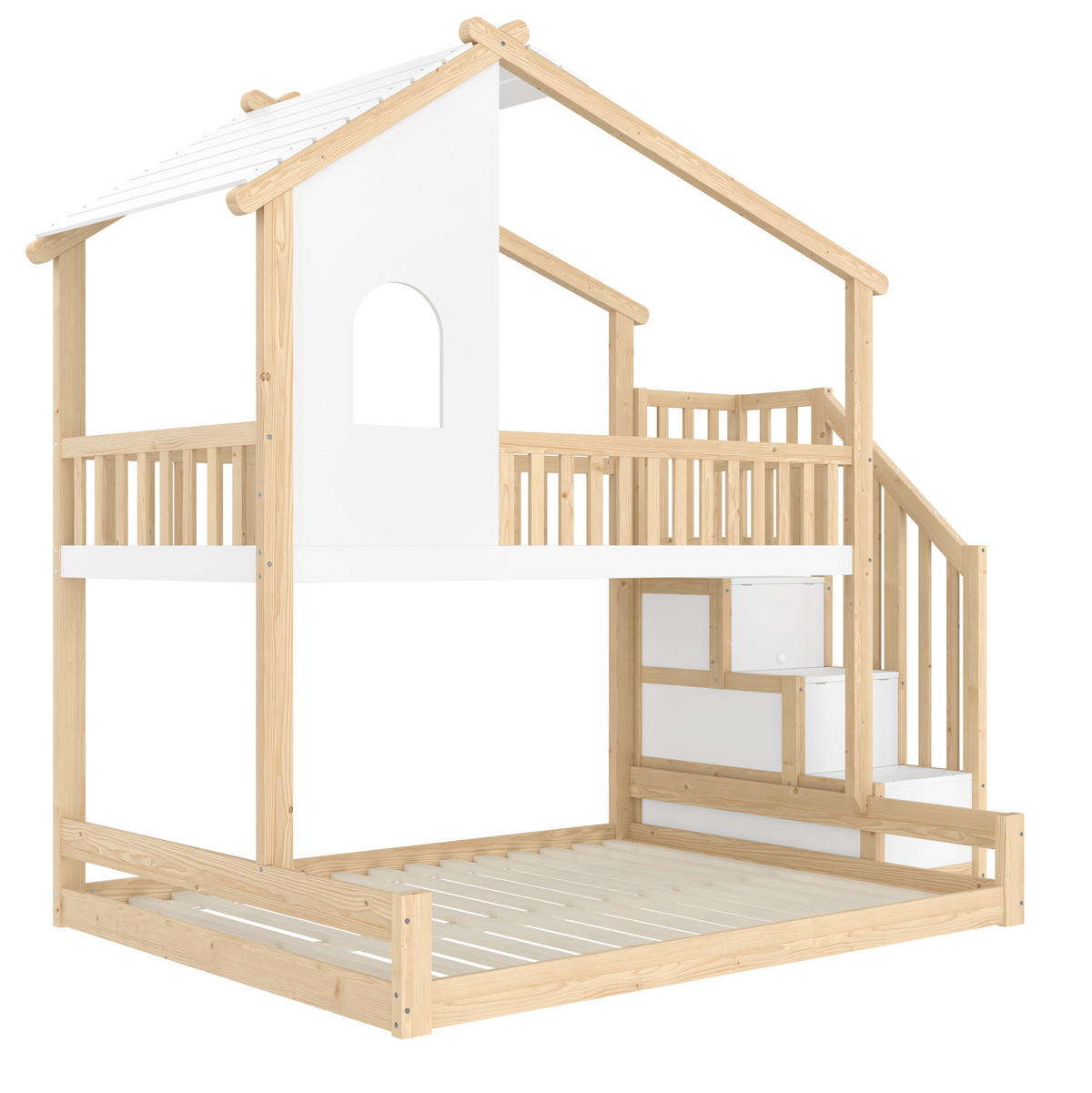ETAGENBETT aus Kiefernholz 90x200/140x200 cm Natur/Weiß mit Stauraumleiter, Hausform, Fenster und Bettgitter - Naturfarben, Holzwerkstoff (90/200cm) - Modfu