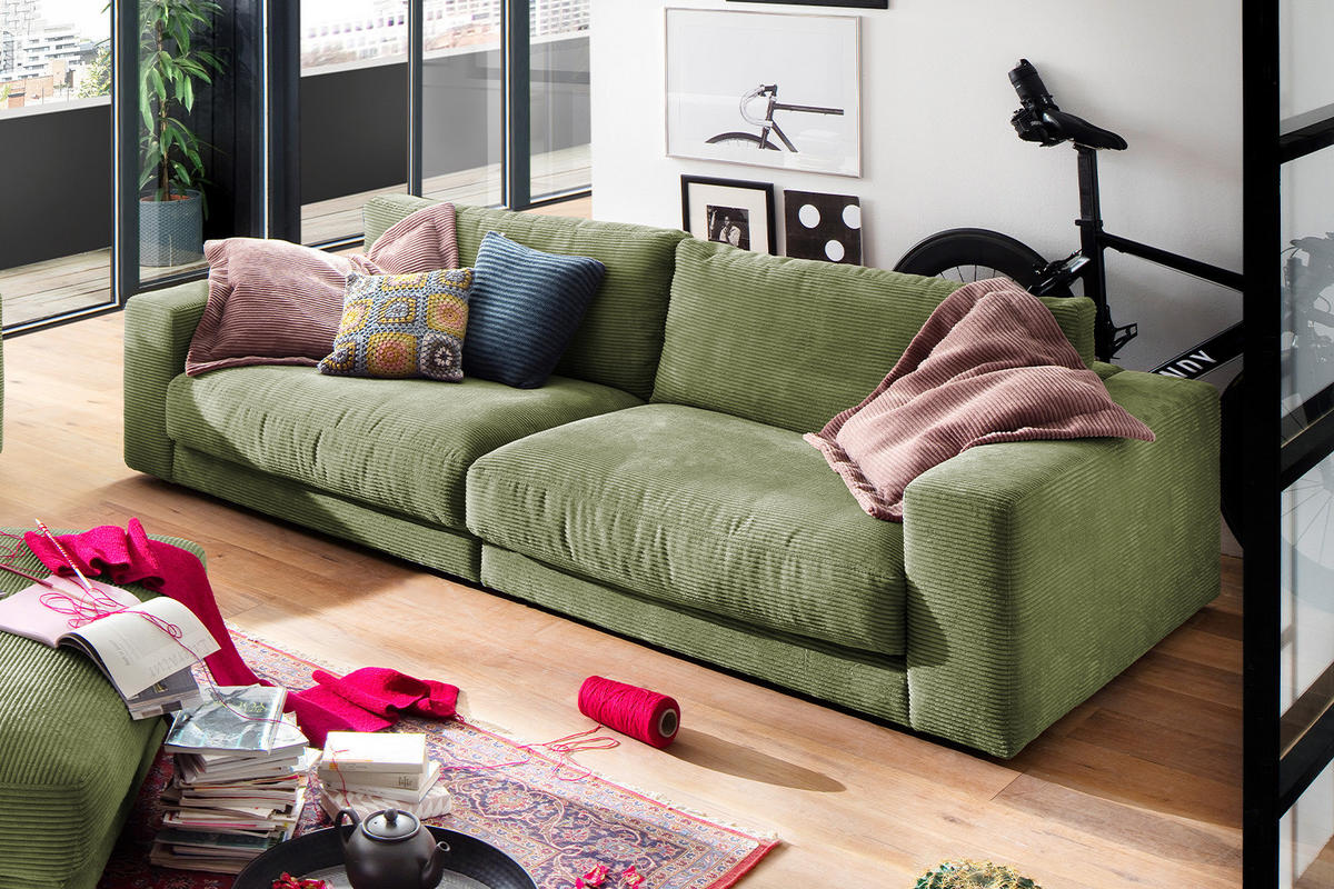 SOFA 3-SITZER MADELINE Grün Cord - Schwarz/Grün, Textil (290/85/127cm) - KAWOLA