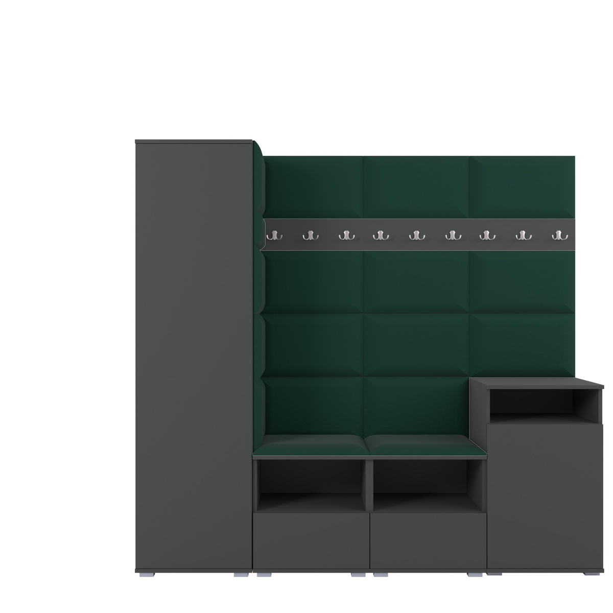 GARDEROBE NELA X 200 cm (Modulare Flurmöbel Graphit mit Sitzpolster Flaschengrün 28 Schrank + Sideboard) - Dunkelgrün/Silberfarben, Holz/Holzwerkstoff (200/187/40cm) - Ravio