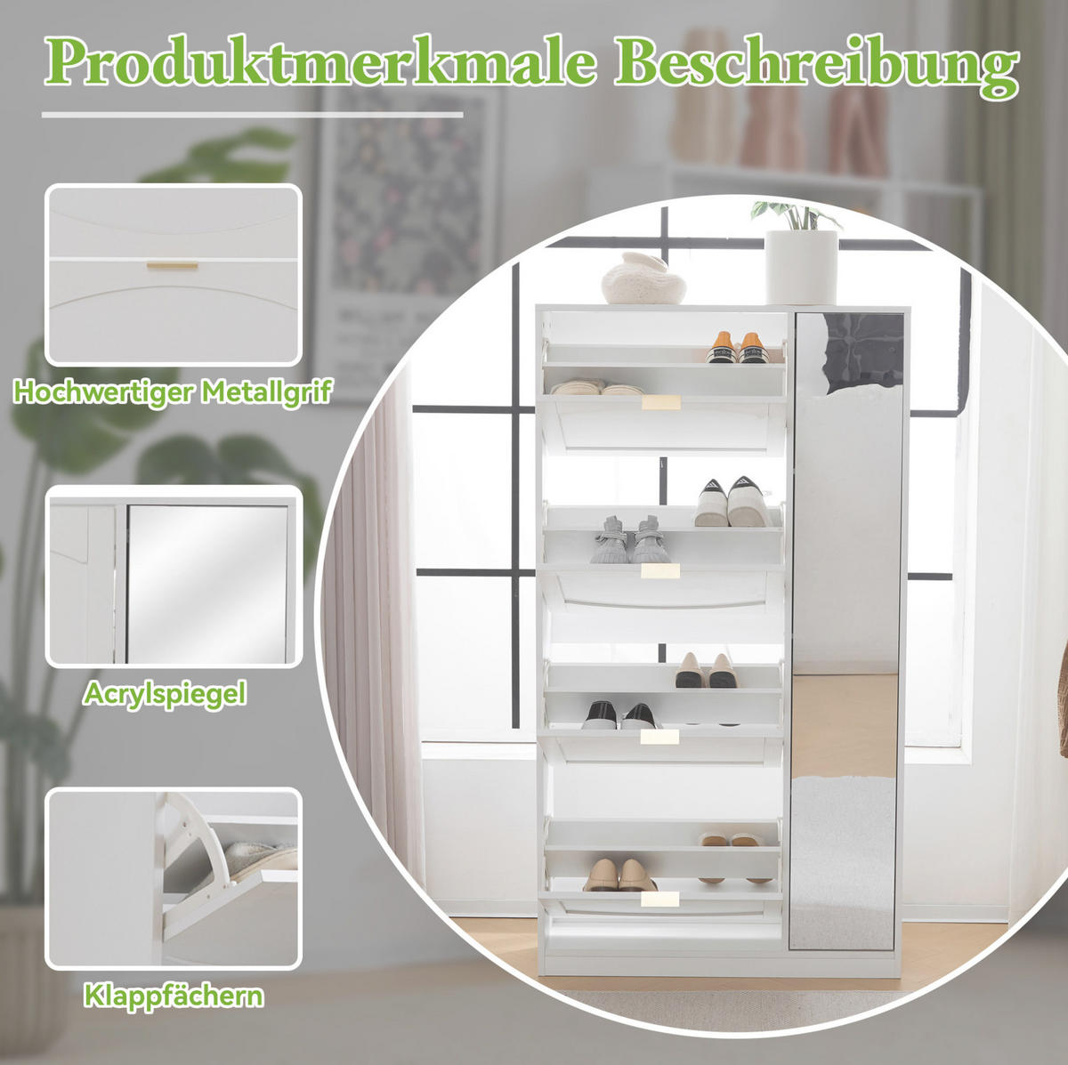 SCHUHSCHRANK 80/24/147 cm mit 4 Klappen und Spiegel in Weiß - Weiß, Holzwerkstoff (80/147/24cm) - BEAOK