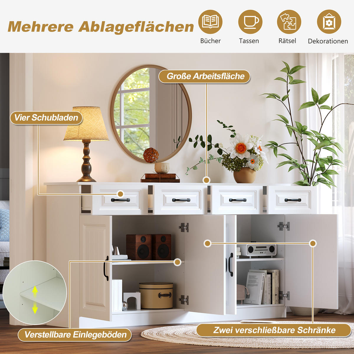 SIDEBOARD Weiß MDF 4 Schubladen 4 Türen 160cm gerillt modern - Weiß, Holzwerkstoff (160/80/35cm) - FLIEKS