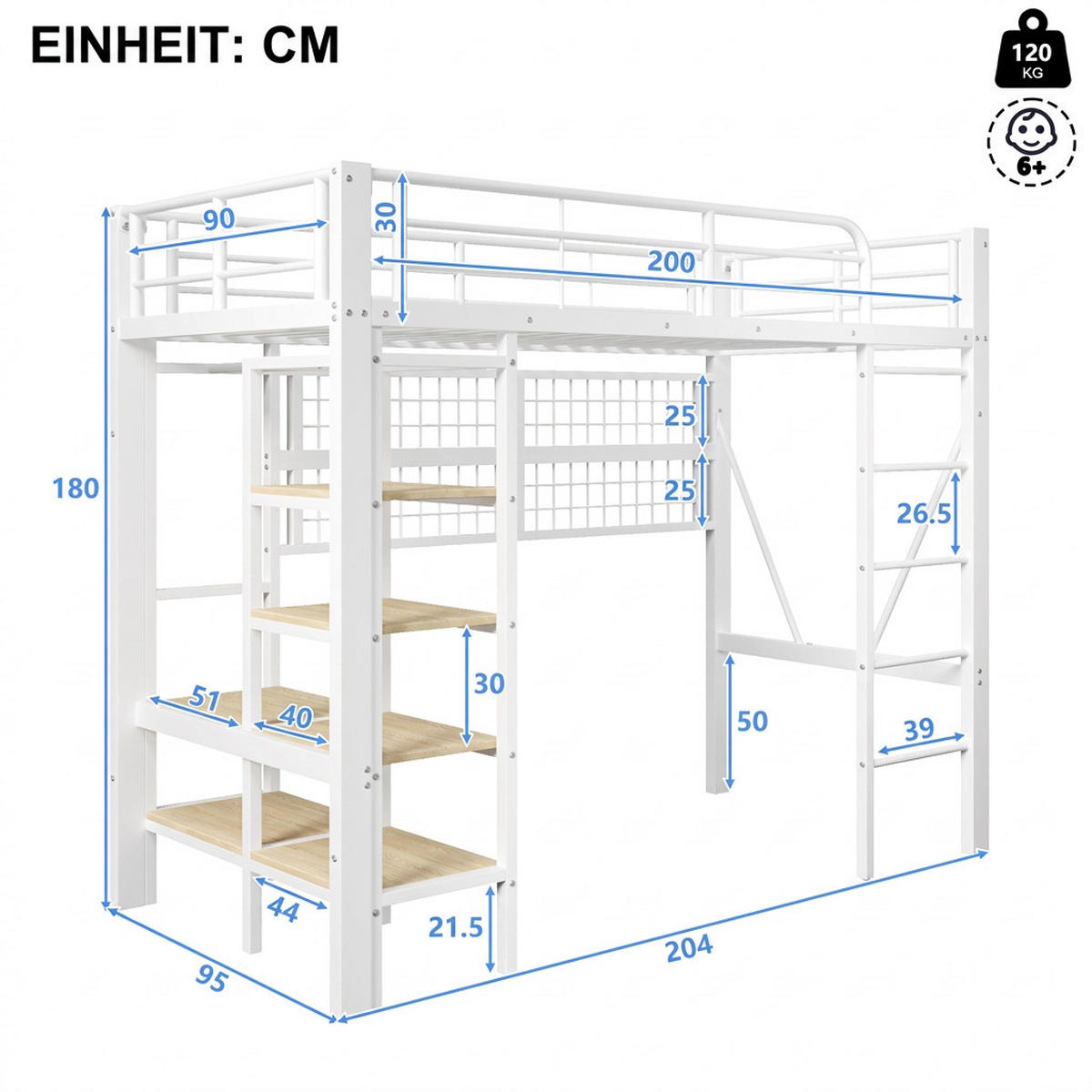 HOCHBETT 90/200 cm Weiß mit Netz zum Aufhängen von Gegenständen, Kleiderstange und LED-Lichtleiste - Weiß, Metall (90/200cm) - Oxeza