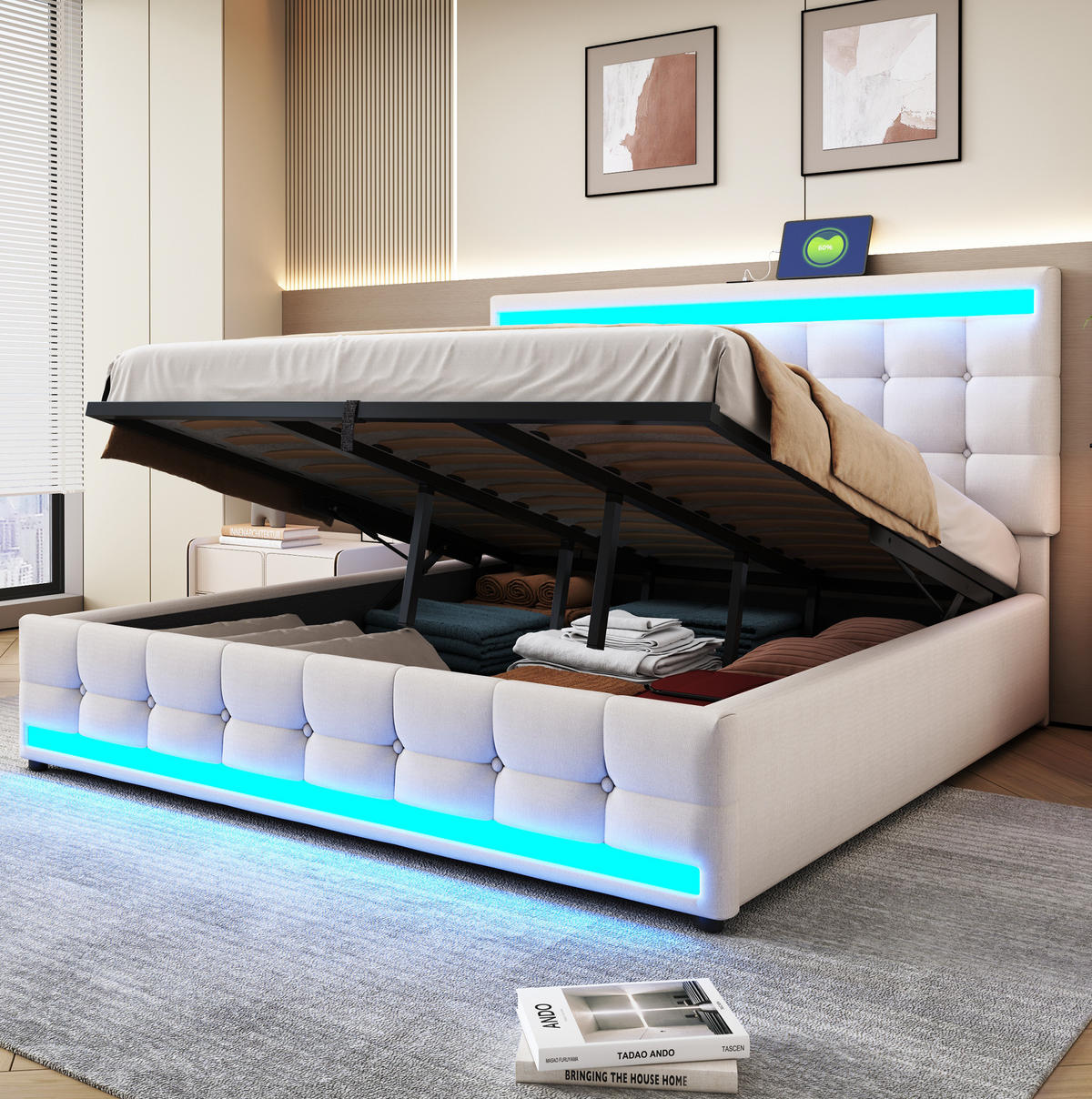 POLSTERBETT 180/200 cm Beige mit LED-Beleuchtung und USB-Anschlüssen - Beige, Textil (180/200cm) - OKWISH