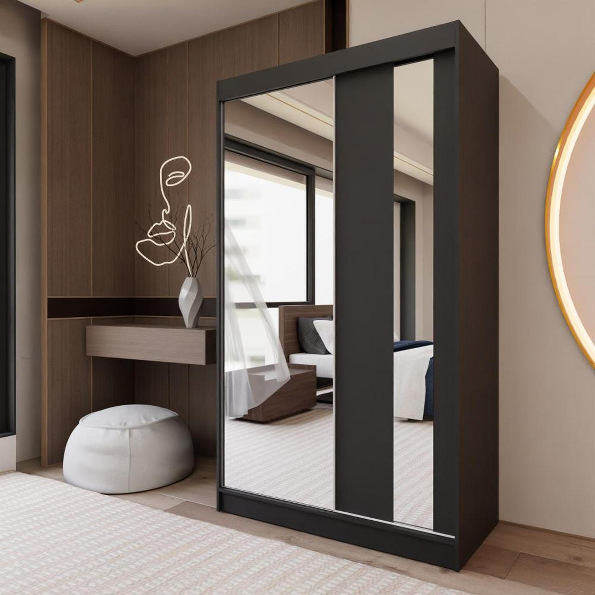 SCHWEBETÜRENSCHRANK Gaja 120/216/61 schwarz mit Spiegel und Schubladen - Schwarz, Holzwerkstoff (120/216/61cm) - Beautysofa