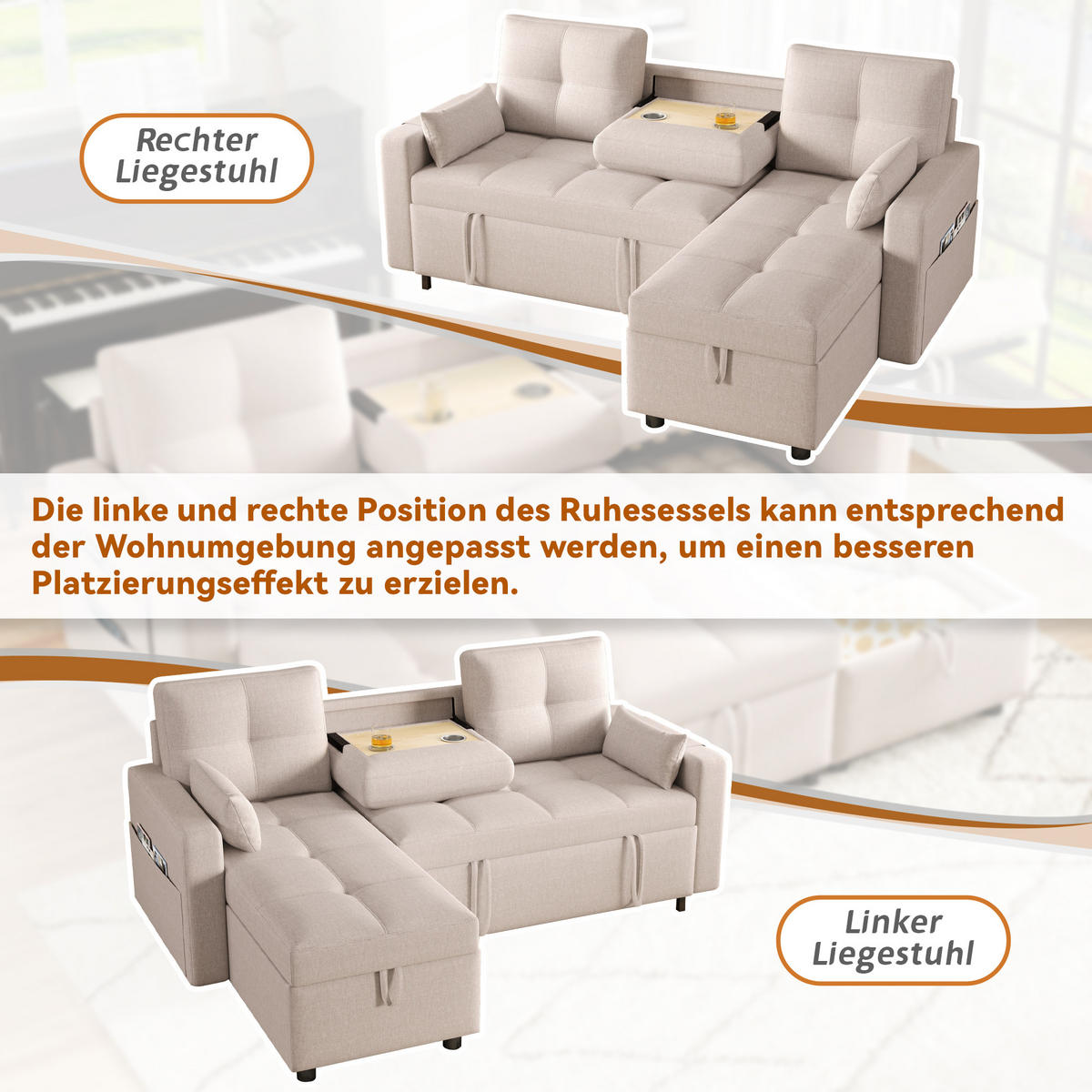 L-FÖRMIGES Schlafsofa aus Leinen mit Stauraum & Getränkehalter, 211/136/87 cm, Beige - Beige, Textil (136/87/211cm) - Redom