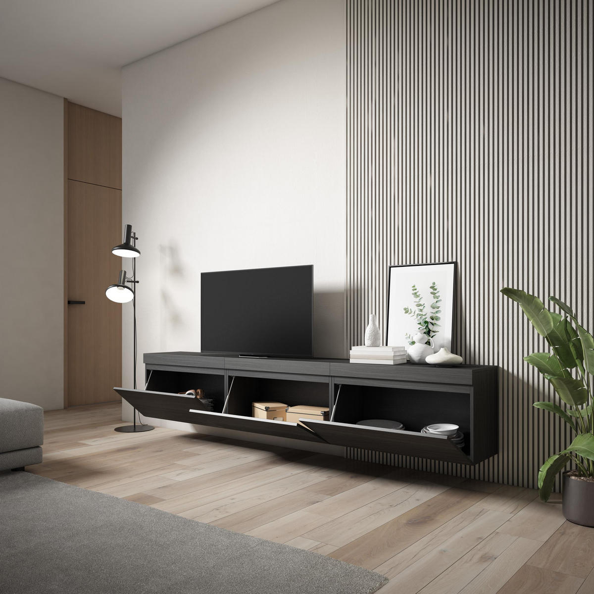 TV-SCHRANK Lowboard, Hängend, schwarz, 240/35/45cm - Schwarz, Holzwerkstoff (240/45/35cm) - Skraut Home
