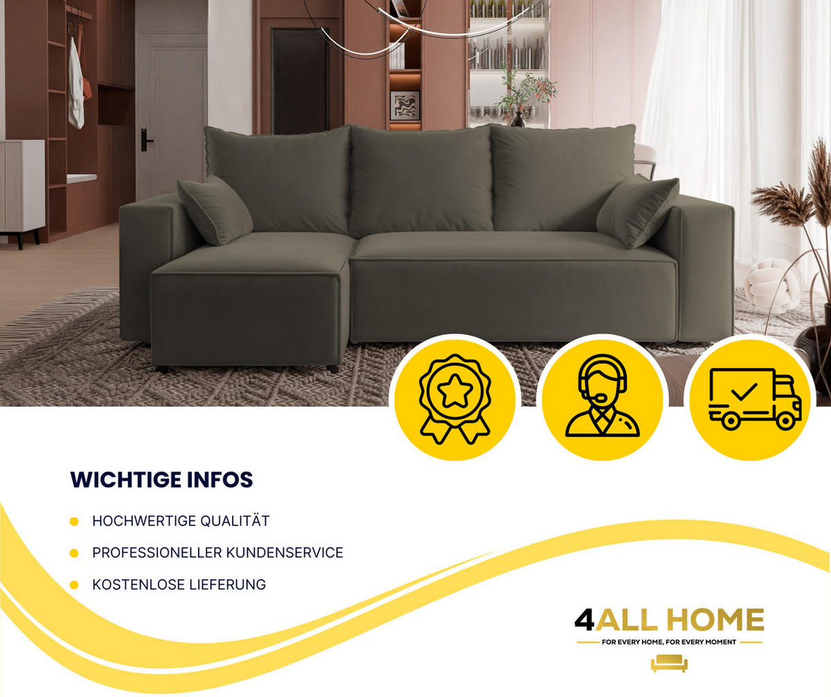 ECKSOFA Tobi mit Bettkasten und Schlaffunktion, L-Form, Velourstoff, Universal - Braun, Holzwerkstoff (246/145cm) - 4ALL HOME