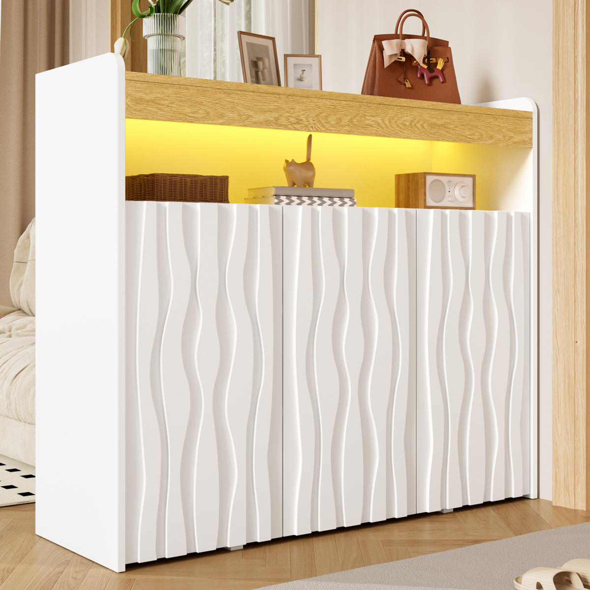 SIDEBOARD Schuhschrank LED 3 Türen Wellenmuster Ablagen 105cm - Multicolor, Holzwerkstoff (105/90.5/35cm) - FLIEKS