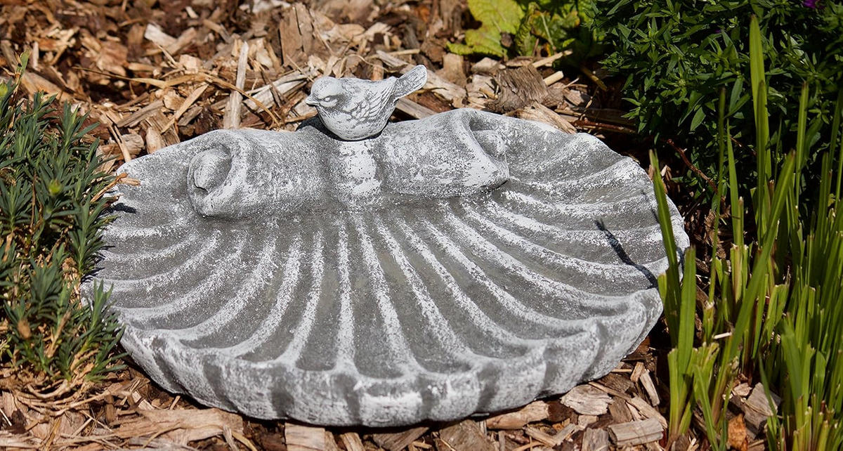 VOGELTRÄNKE Muschel mit steckbaren Vogel frostfest Steinguss - Grau, Stein (35/4/28cm) - stoneandstyle