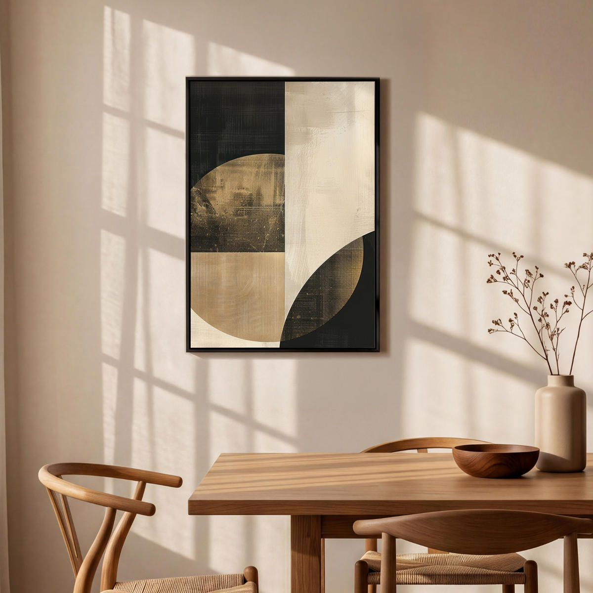 LEINWAND Bilder mit Rahmen - Abstrakt - Geometrische Formen - Schwarz - Gold - 60x90 - Ecru, Textil (60/90cm) - MuchoWow