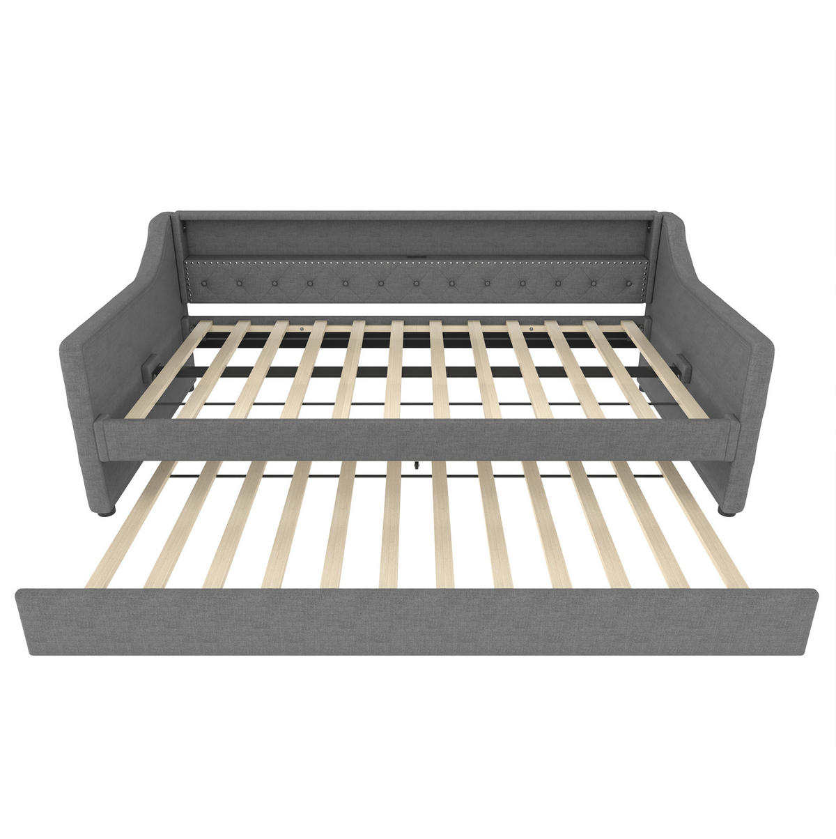 TAGESBETT 90/200 cm mit Ausziehbett, LED-Beleuchtung, USB-Anschluss und Lattenrost, Leinenbezug, Grau - Grau, Textil (90/200cm) - Redom