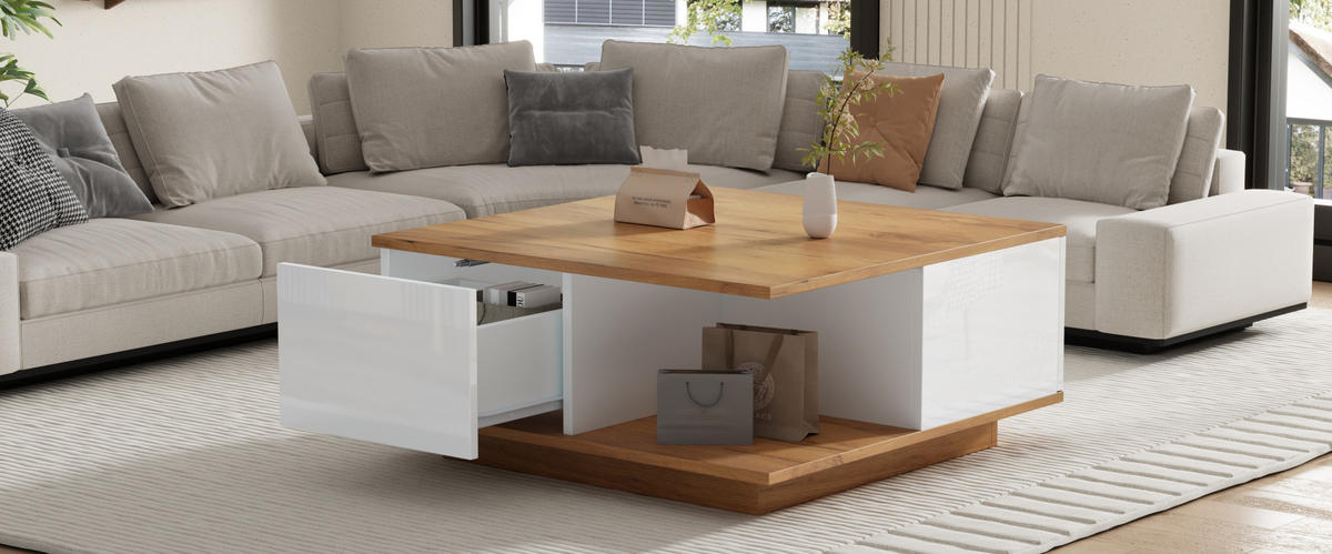 COUCHTISCH aus Spanplatte 70x70x31,5 cm Weiß/Walnuss mit 3 Schubladen und offenem Stauraum - Walnussfarben, Holzwerkstoff (70/70/31.5cm) - IVMEU