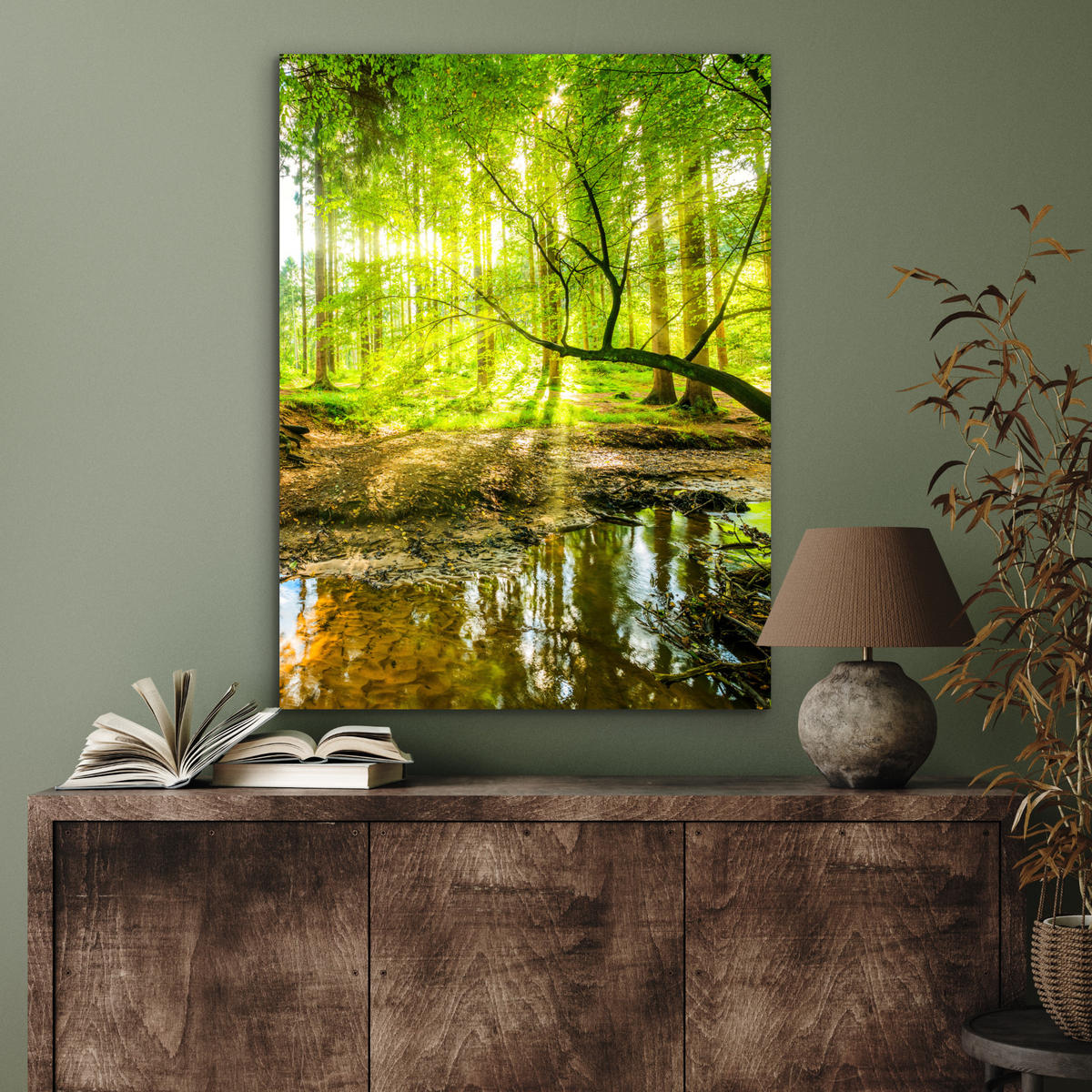 METALLBILD Wald - Landschaft - Wasser - Bäume - Sonne - Grün - Natur 60x80 cm - Grün, Metall (60/80cm) - MuchoWow