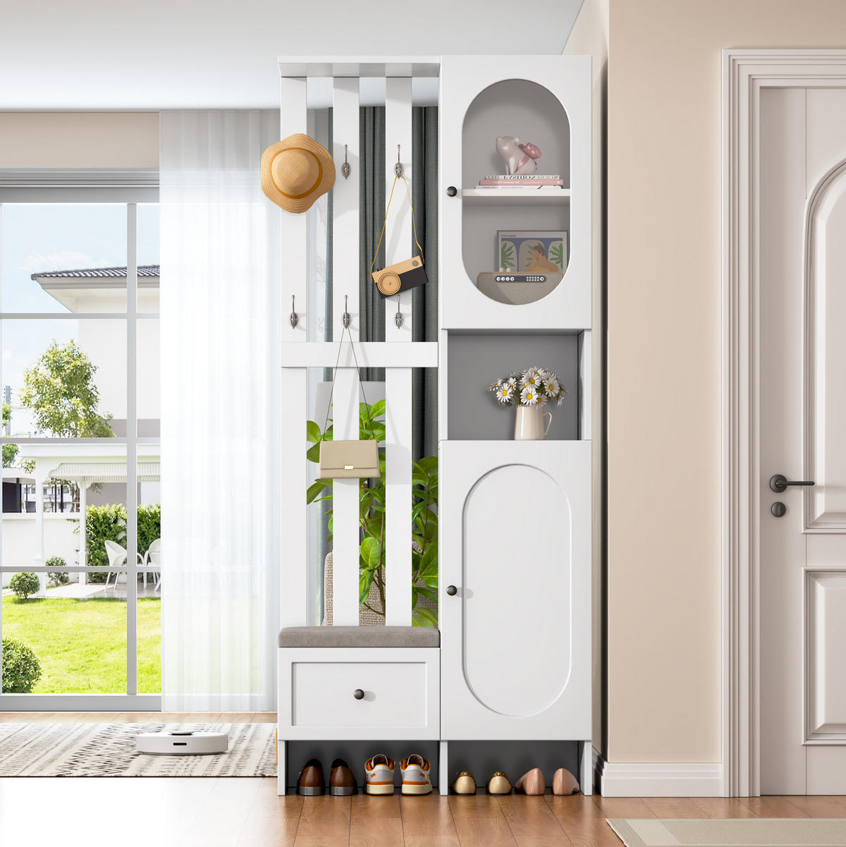 GARDEROBE 85/200/33,5 cm Weiß aus Spanplatte mit gehärtetem Glas und Schuhbank - Weiß, Holzwerkstoff (33.5/200/85cm) - OKMYHOME