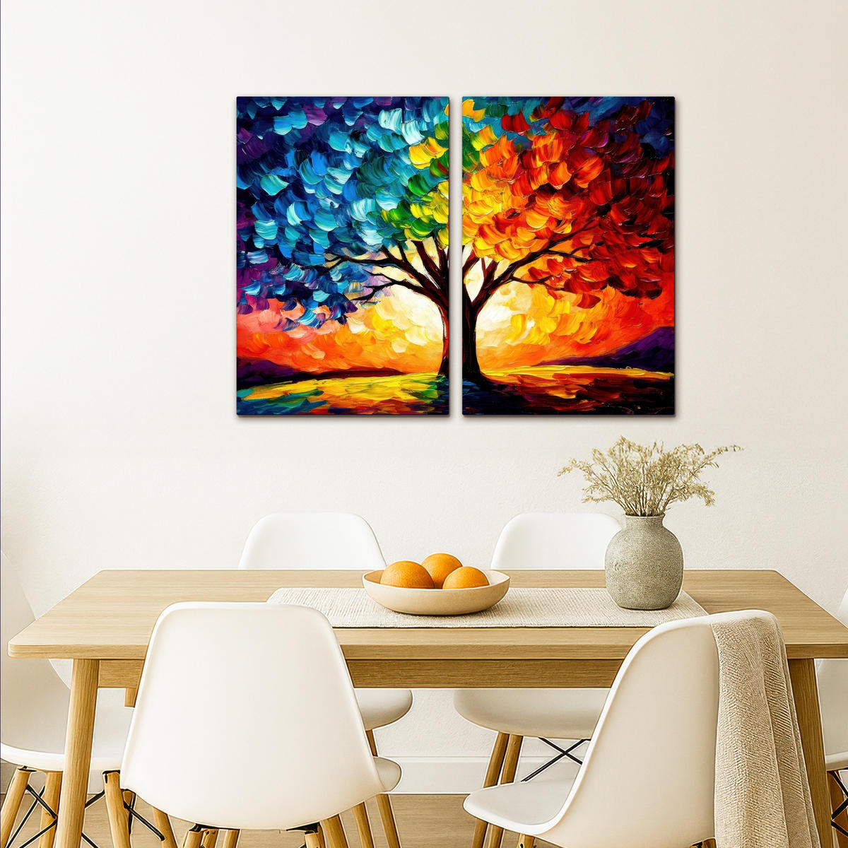 LEINWANDBILD 2er Set Baum - Farbenfroh - Malerei-Look - Abstrakt 80x60 cm - Multicolor, Textil (80/60cm) - MuchoWow