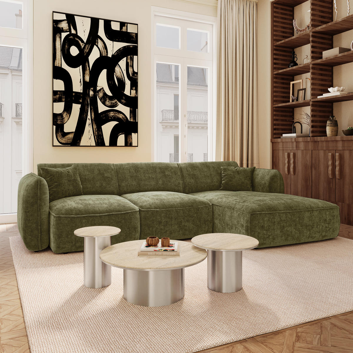 ECKSOFA rechtwinklig LOMI Geprägter Samt Vintage-Grün 272cm - Dunkelgrün/Grün, Textil (272/90cm) - Premium Interiors