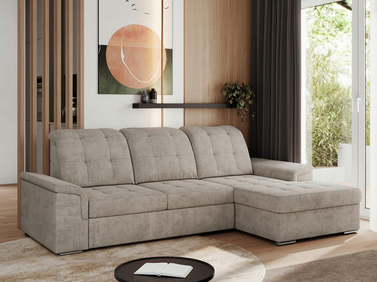 ECKSOFA MADRITO L - Beige Struktur - Rechts - Beige/Silberfarben, Textil/Metall (256/160cm)
