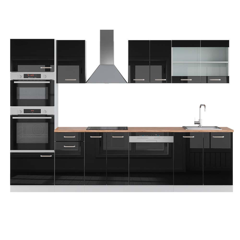 KÜCHENZEILE R-Line Schwarz Hochglanz/Weiß 300 cm mit Hochschrank AP Eiche - Schwarz Hochglanz/Weiß, Holzwerkstoff (300/81.6/60cm) - Vicco