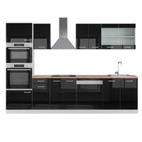 KÜCHENZEILE R-Line Schwarz Hochglanz/Weiß 300 cm mit Hochschrank AP Eiche - Schwarz Hochglanz/Weiß, Holzwerkstoff (300/81.6/60cm) - Vicco