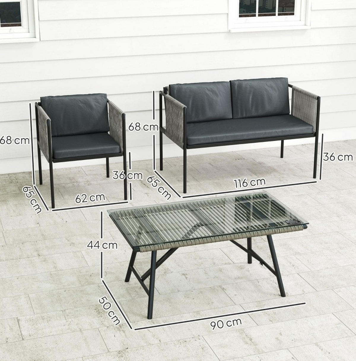 GARTENSET aus Rattan 116x65x68 cm Grau mit 2 Sesseln, 2-Sitzer-Sofa und Tisch mit Glasplatte - Grau, Naturmaterialien - Modfu