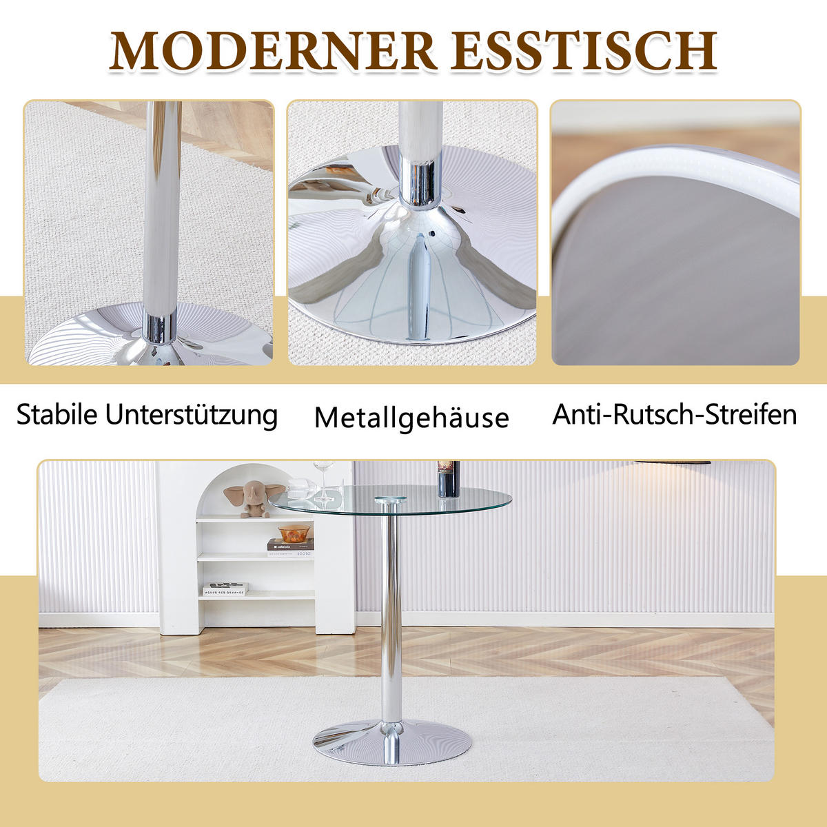 BARTISCH-SET DE-39347 3-teilig, Glastisch und 2 Hocker Gold/Silber - Silberfarben/Goldfarben, Metall (89/92/89cm) - ComfortXL