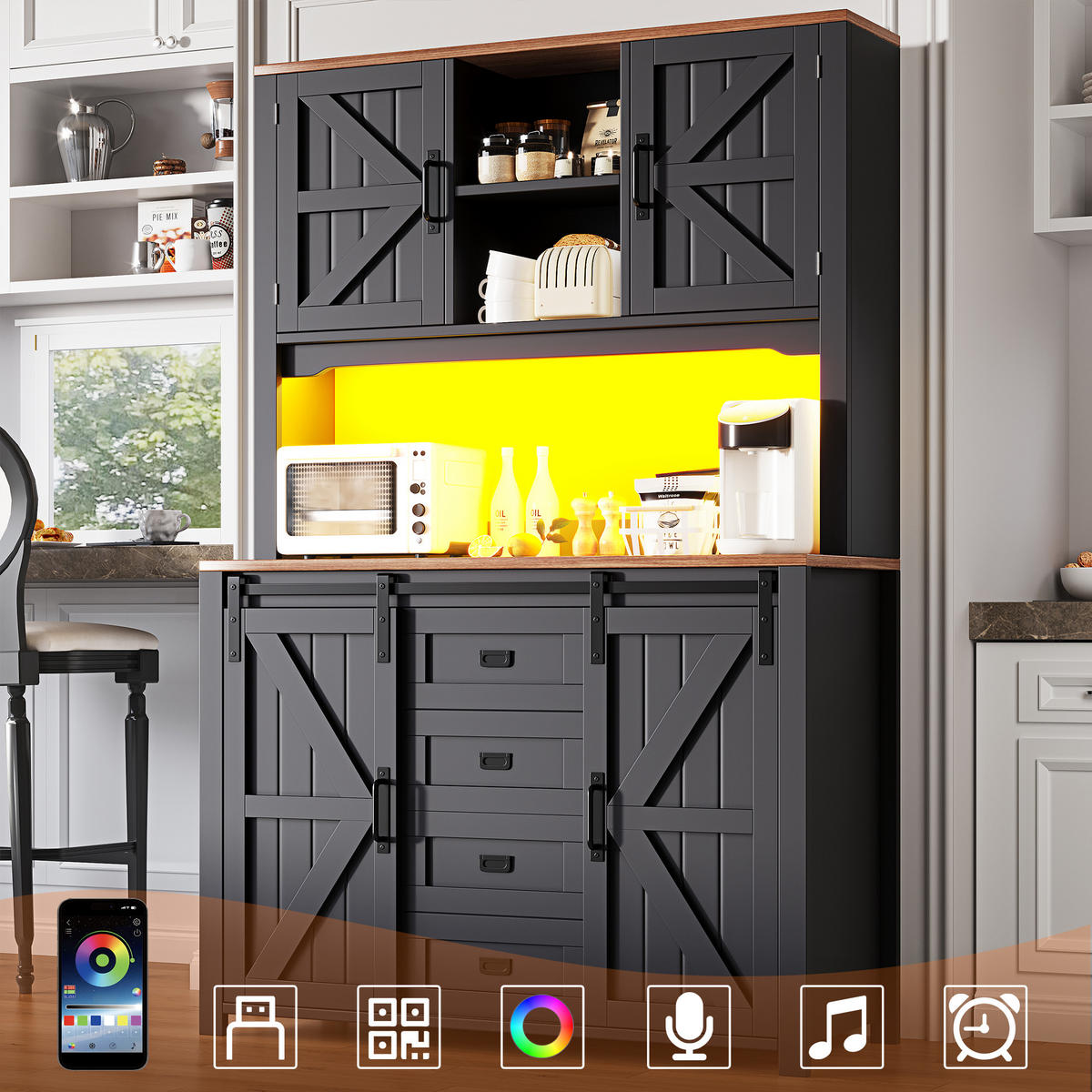 HIGHBOARD in Schwarz mit LED & Schiebetüren - Dunkelblau, Holzwerkstoff (115/174.7/40cm) - Urban Meuble