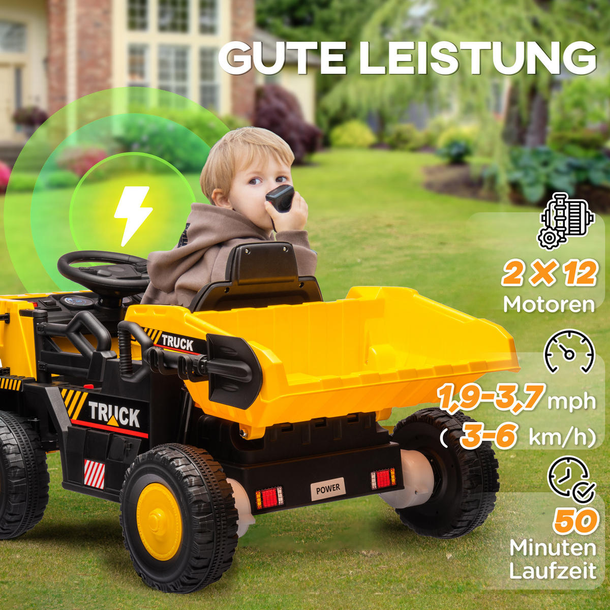 ELEKTRISCHER Traktor mit Schaufel 12 V Kinder Aufsitztraktor, Kinder Elektroauto - Gelb, Kunststoff/Metall (97/63/53cm) - AIYAPLAY