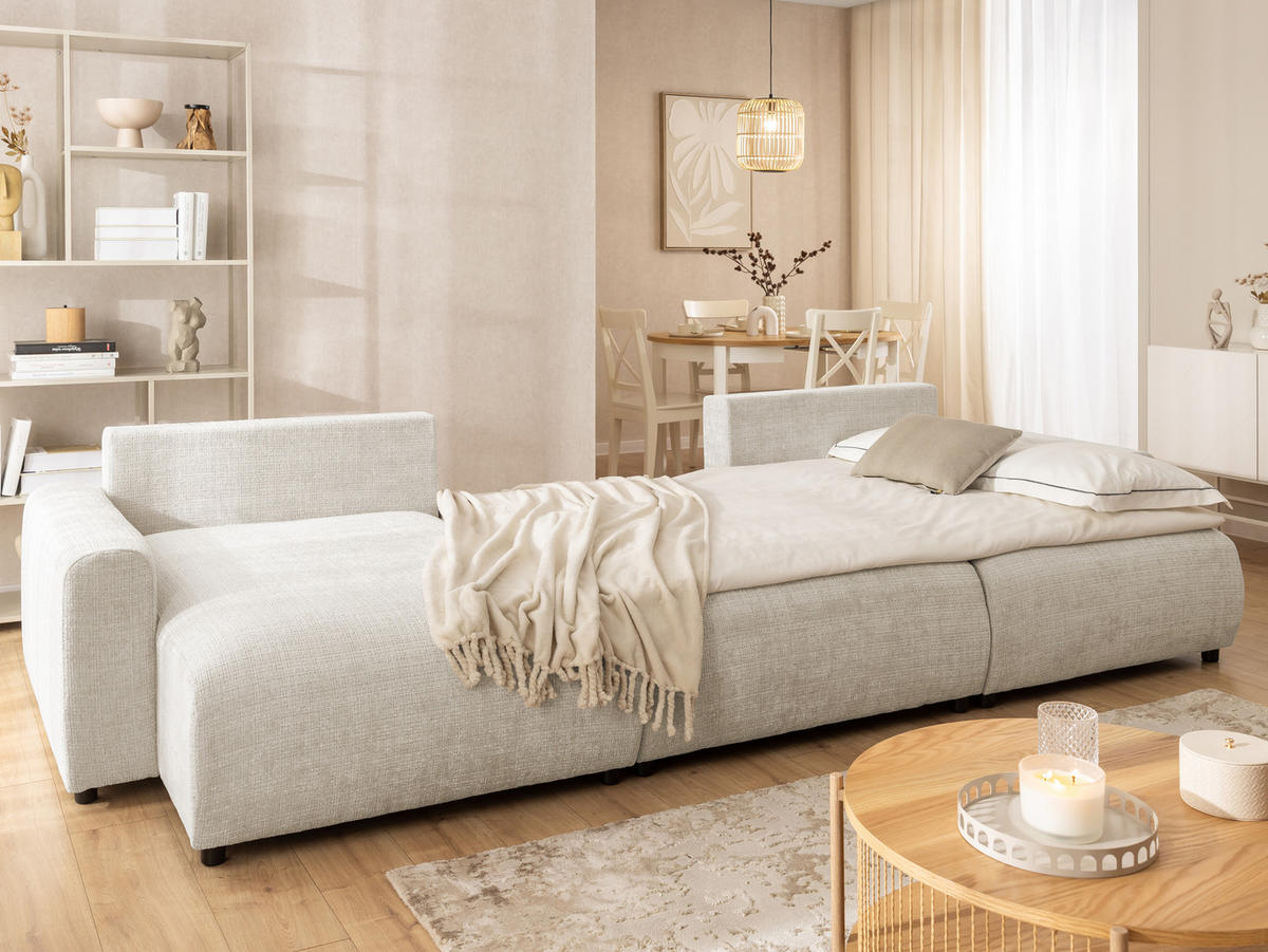 WOHNLANDSCHAFT Calma mit Schlaffunktion und Bettkasten im Bumpy-Design aus weichem Beige Chenille-Stoff - Beige/Schwarz, Holz/Kunststoff (336/88/140cm) - S-Style Möbel