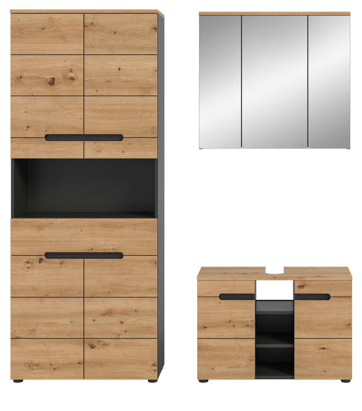 BADMÖBEL-SET Eiche, grau 3-teilig 171 cm, Komplettset mit Soft-Close - Schwarz/Eiche Artisan, Glas/Holzwerkstoff (171/193/34cm) - Inn.Furn