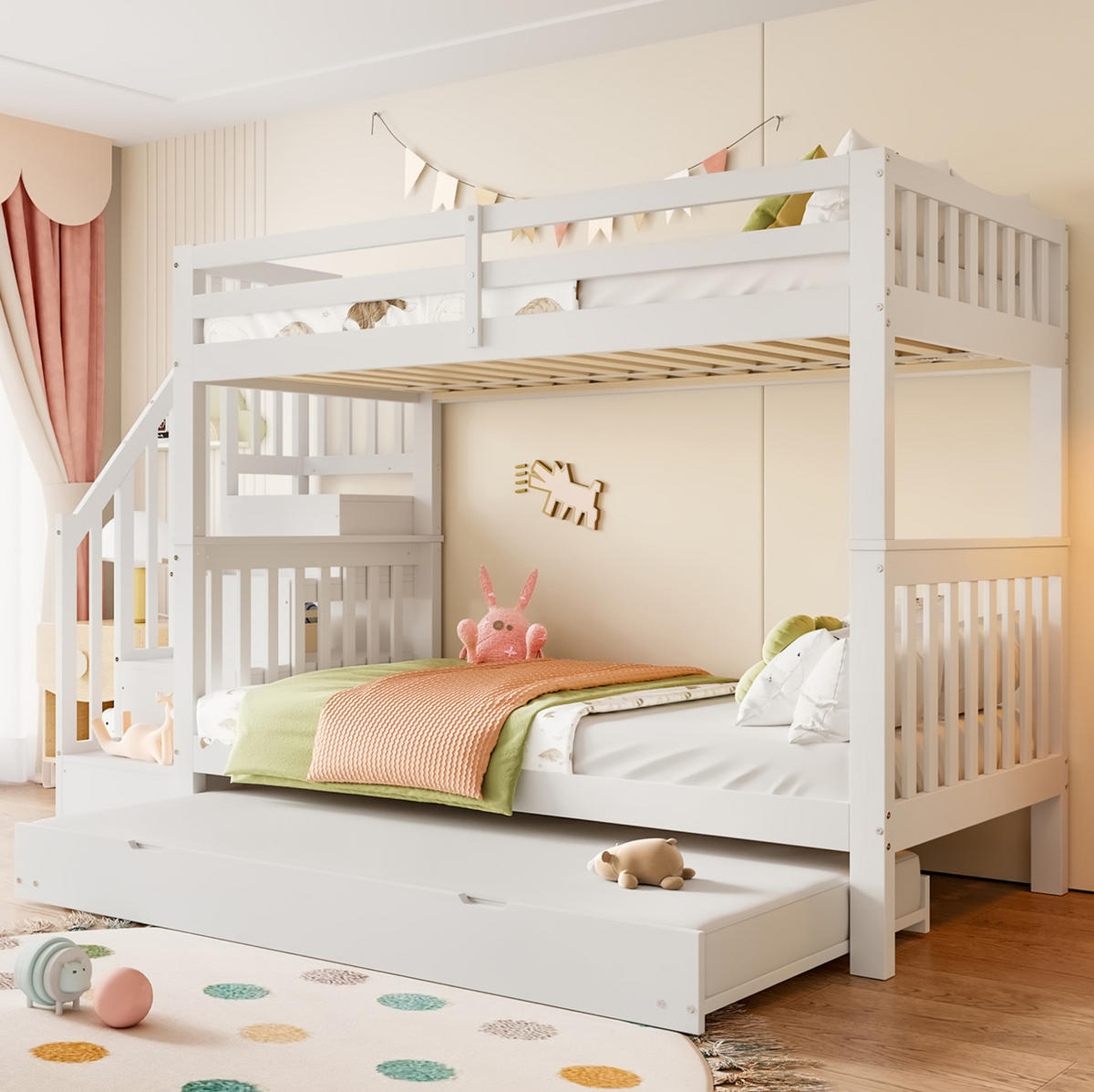 ETAGENBETT aus Kiefernholz und MDF 90x200 cm Weiß mit Rollbett und Treppenregal - Weiß, Holz (90/200cm) - Modfu