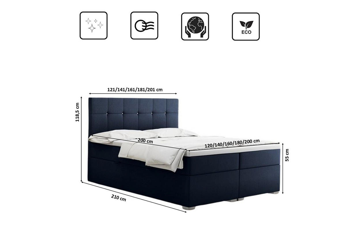 BOXBETT Mit Matratze Und Bettkasten LINDT Stoff Velvet 200x200 cm Marineblau H3-Bonell - Blau, Holz (200/200cm) - Kaiser Möbel